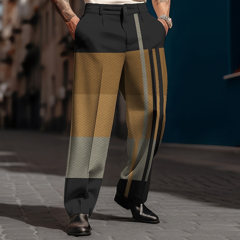 Plaid Stripe Geometry Business Casual Men's 3D Print Pants Trousers Outdoor Street Wear to work Polyester Blue Orange Khaki S M L High Elasticity Pants