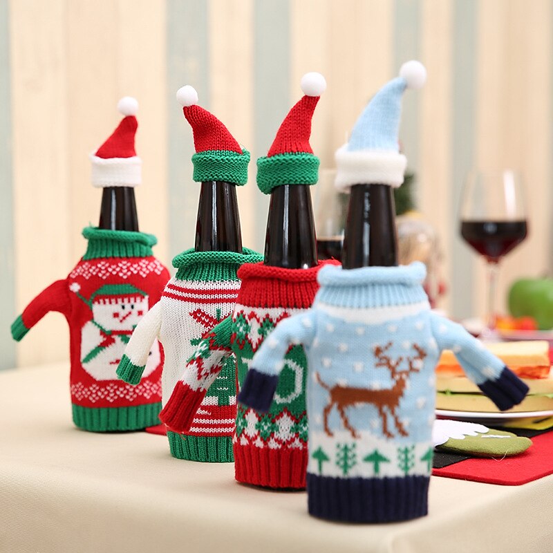 2 Pack Wine Bottle Sweater Cover Bag Santa Knitted Hat New Years Christmas Family - Main Image