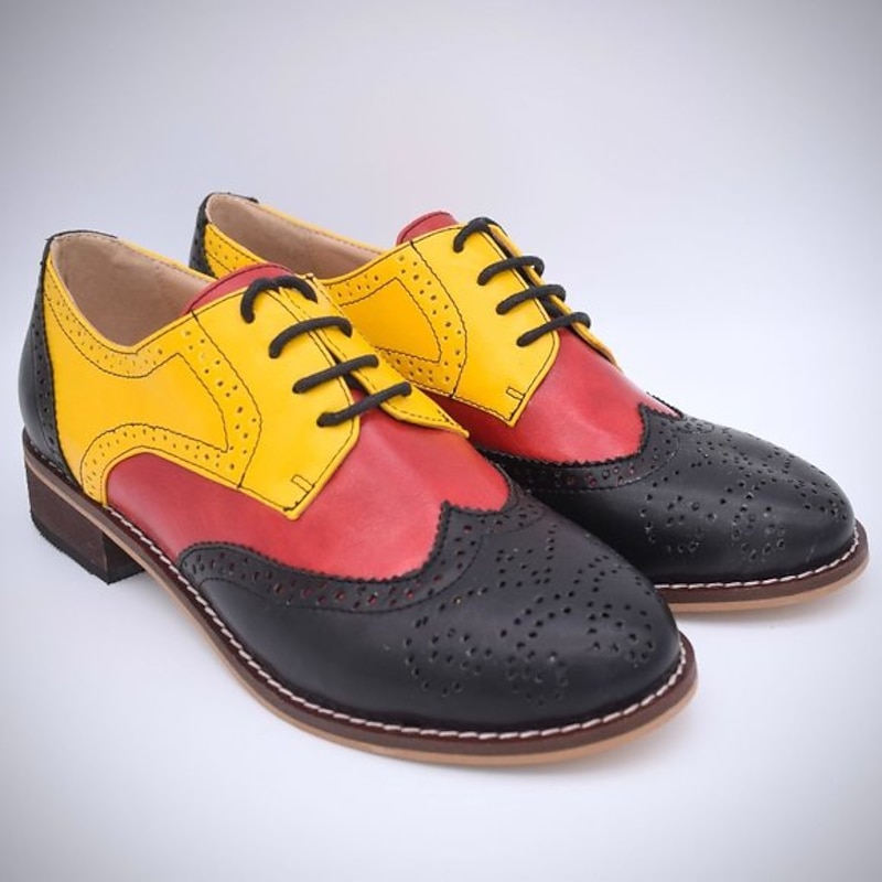 Men's Vintage Brogue Oxford Shoes – Tricolor Black, Red, and Yellow Faux Leather with Classic Wingtip Detailing, Perfect for Formal or Retro-Themed Events3