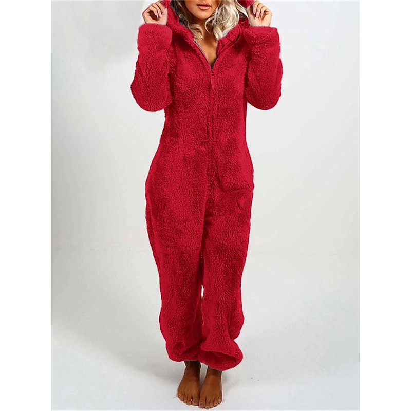 Women's One-Piece Hooded Pajama Solid Red Plush Fleece Long Sleeve Winter Sleepwear Cozy Homewear Comfort Fit Home Outfits