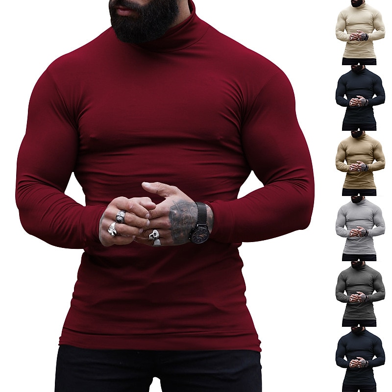 Men's T Shirt Tee Top Long Sleeve Shirt Long Sleeve Turtleneck Spring &  Fall Plain Fashion Designer Basic Vacation Street Going out Wine Apricot Dark Gray Top Tee for Men