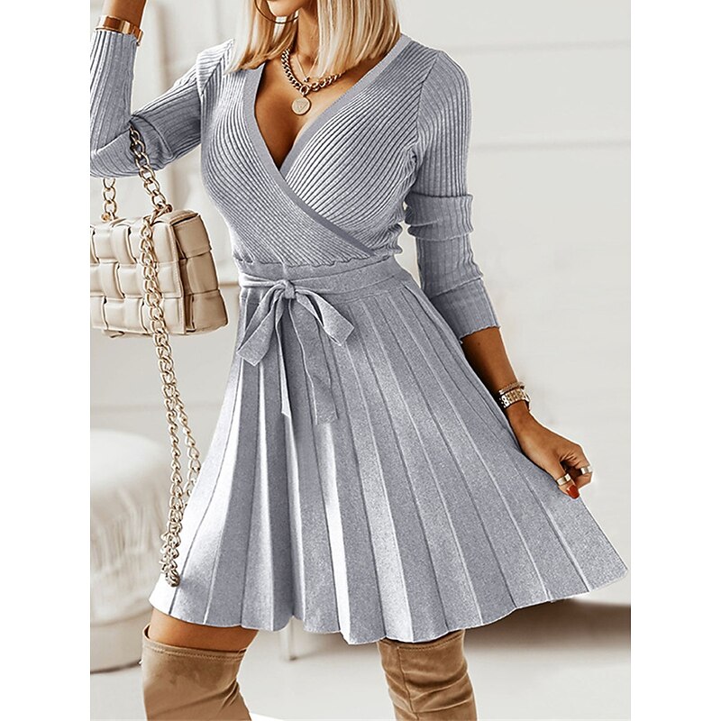 Women's Sweater Dress Knit Dress Jumper Dress Mini Dress Knitwear Fashion Daily Plain Outdoor Daily Going out Surplice Neck Long Sleeve Tie Front 2023 Loose Fit Black Green khaki S M L XL XXL4