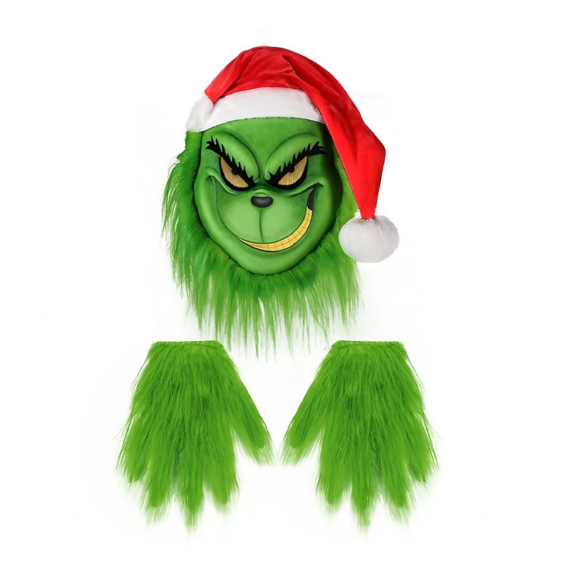 Christmas Monster Green Plush Doll  Mask Glove Set Cosplay Props Party Holiday Dress - Main Image