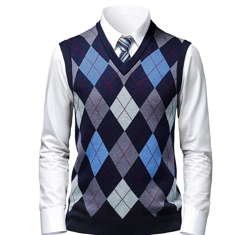 Men's Sweater Sweater Vest Mens Dress Sweaters Pullover Ribbed Knit Knitted Plaid V Neck Stylish Casual Daily Wear Vacation Clothing Apparel Spring &  Fall Camel Wine M L XL