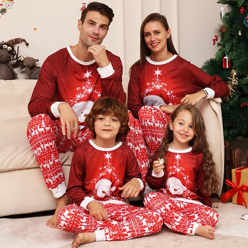 Family Christmas Pajamas Cotton Graphic Cute Christmas Pajamas School Print Red Long Sleeve Mommy And Me Outfits Active Matching Outfits Home Outfits