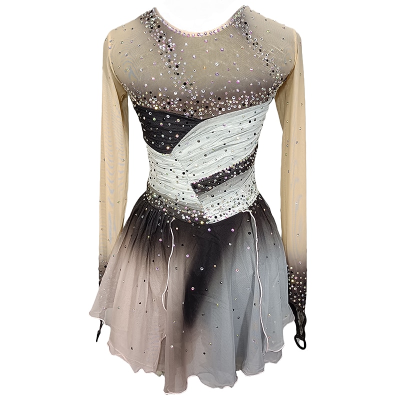 Figure Skating Dress Women's Girls' Ice Skating Dress Grey Patchwork Thumbhole Mesh Spandex Stretchy Training Practice Professional Skating Wear Crystal / Rhinestone Long Sleeve Figure Skating2