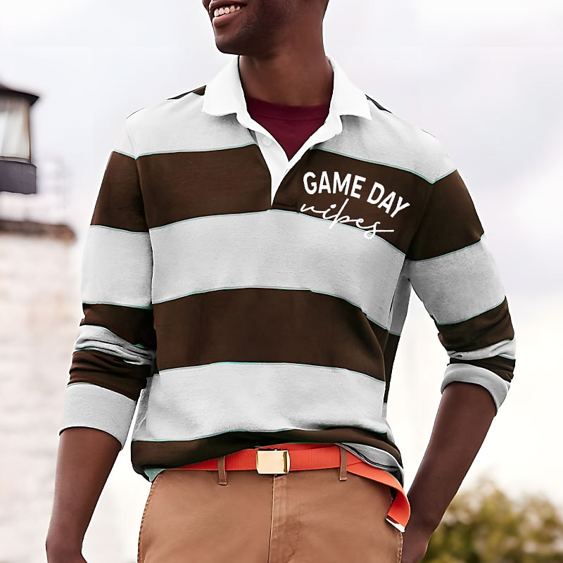 Men's Stripe Letter Rugby Polo Golf Polos Shirts Long Sleeve Polo Shirts Turndown Casual Outdoor Casual Daily Streetwear 3D Print Fall & Winter Black Dark Navy Blue3