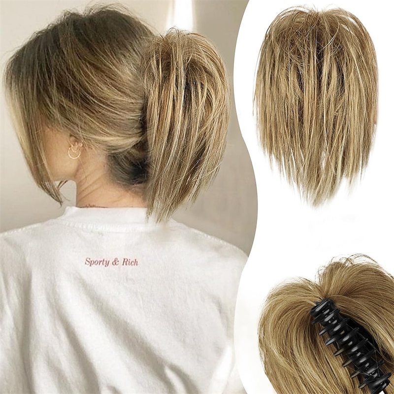 Claw Clip Messy Bun Hair Piece Short Straight Hair Ponytail Bun Extensions Blonde Hair Bun Synthetic Claw Clip on Hairpieces Fake Hair Bun Extensions for Women Girls-Blonde