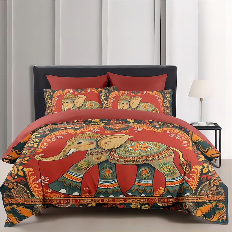 Colorful Elephant Duvet Cover Set Cotton Cotton Bedding Set 2-piece Set 3-piece Lightweight Soft Short Plush Set Native American style Folk Art King Queen Duvet Cover2