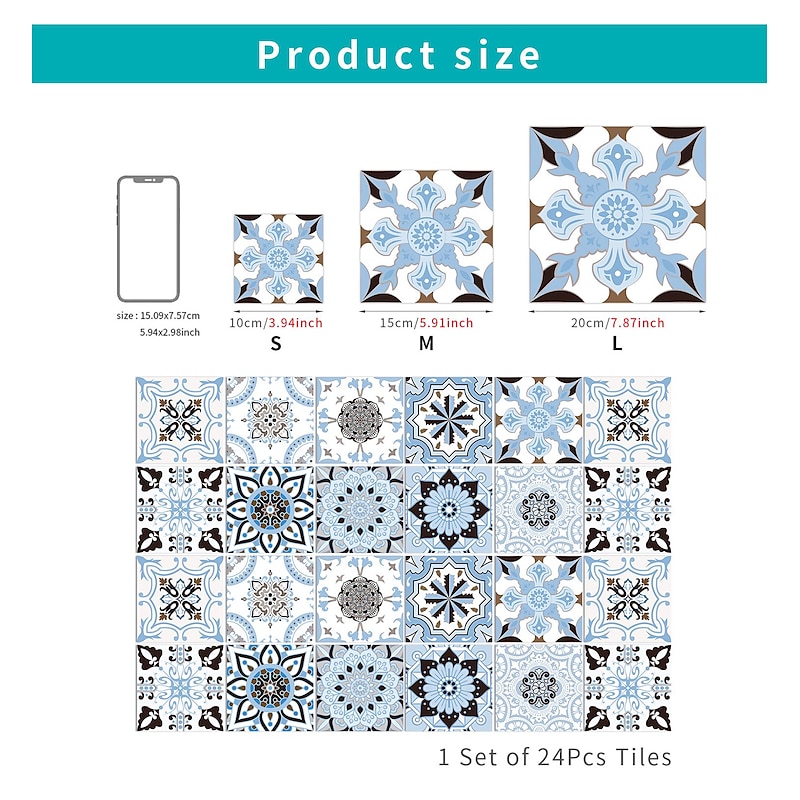 24pcs Creative Kitchen Bathroom Living Room Self-adhesive Wall Stickers Waterproof Fashion Blue Tile Stickers4