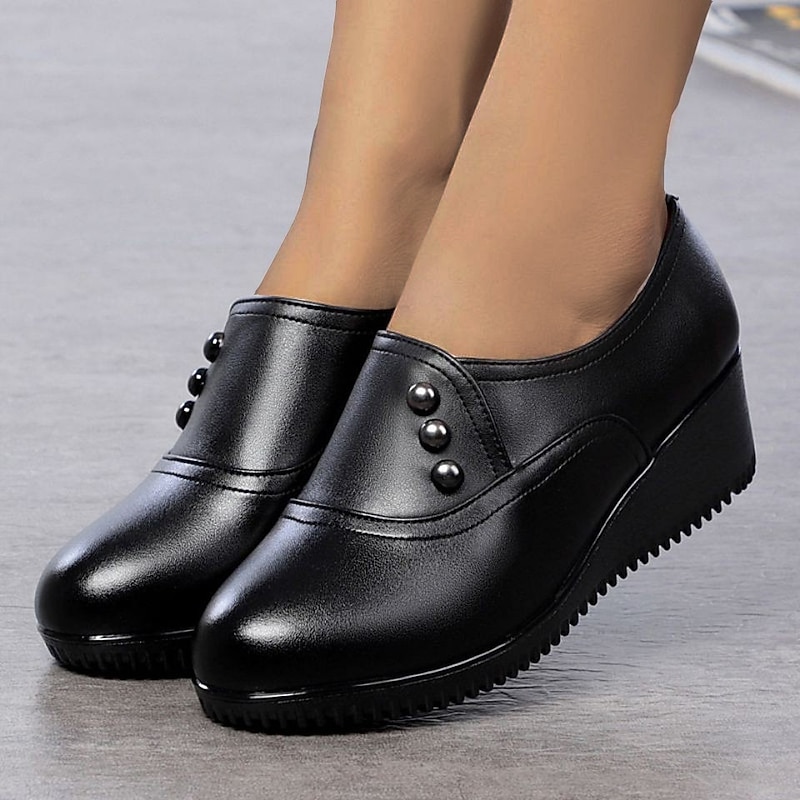 Women's Flats Comfort Shoes Outdoor Daily Solid Color Wedge Heel Round Toe Elegant Casual Comfort Faux Leather Loafer Black