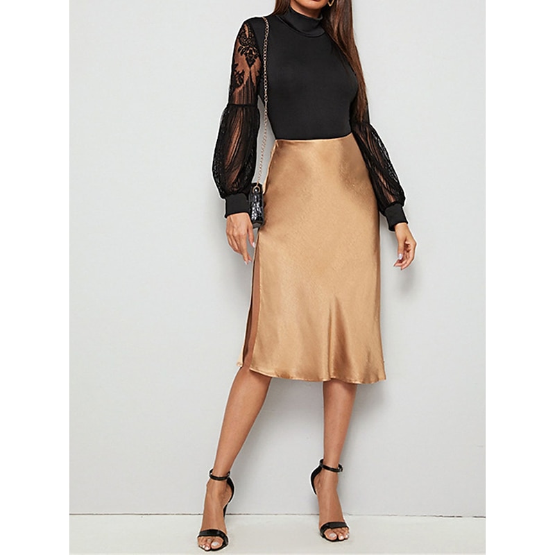 Women's Normal Bodysuit Elegant Solid Color Long Sleeve Lantern Sleeve Stand Collar Lace High Waist Work Street Regular Fit Black Fall 5