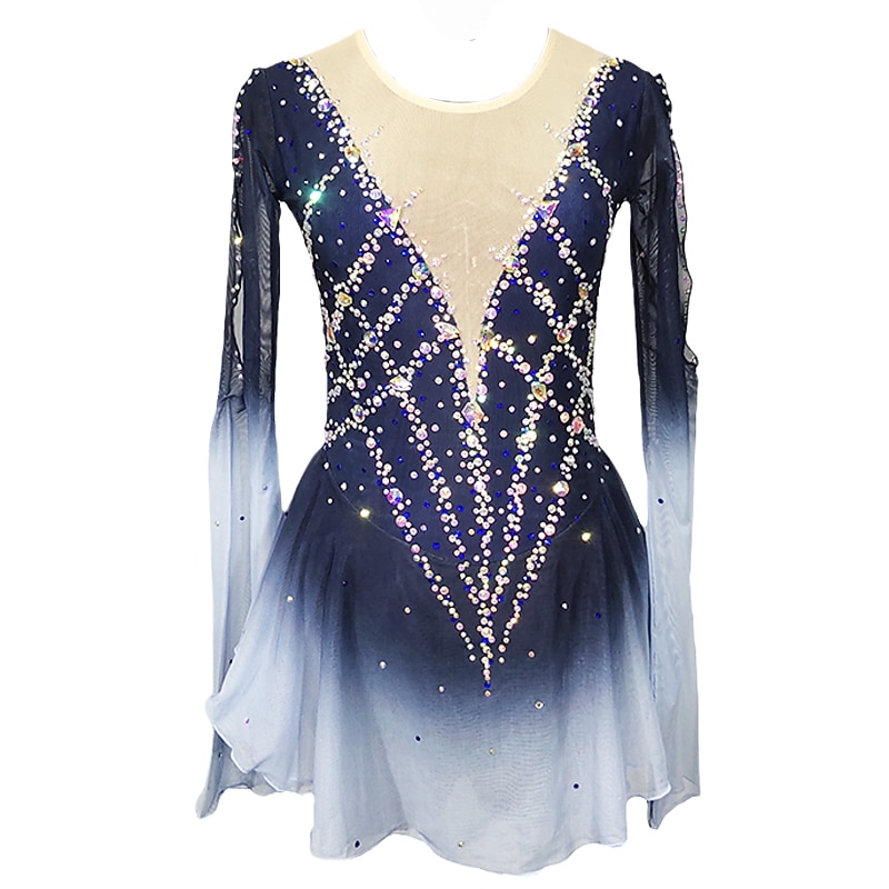 Figure Skating Dress Women's Girls' Ice Skating Dress Blue+Light Blue Patchwork Open Back Mesh Spandex Stretchy Training Practice Professional Skating Wear Crystal / Rhinestone Long Sleeve Figure