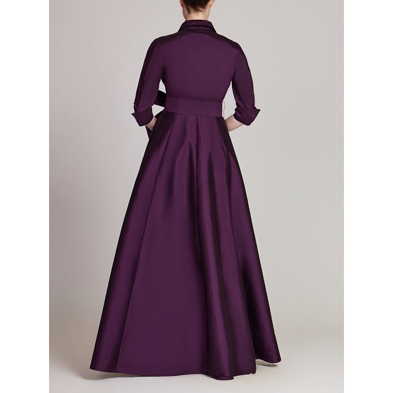 A-Line Mother of the Bride Evening GownGold Minimalist Dress Formal Wedding Guest Floor Length Half Sleeve Shirt Collar Satin with Bow(s) Pleats3