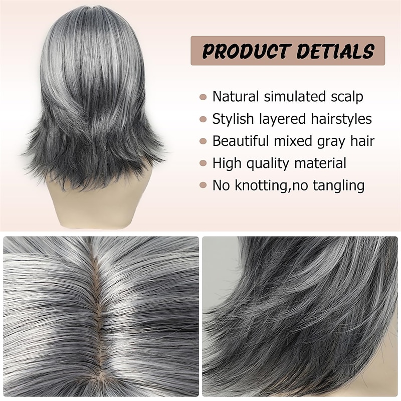 Layered Gray Wigs for White Women Short Silver Mixed Grey Wigs with Dark Roots Synthetic Hair Layered Bob Wigs Natural Looking4