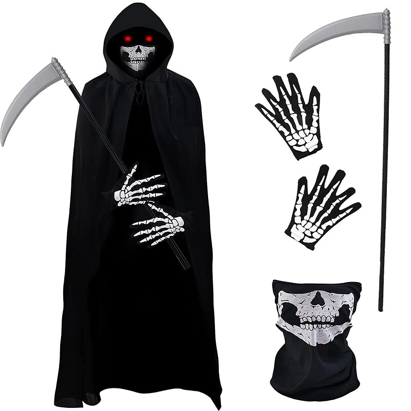 Halloween Grim Reaper Costume Skeleton Skull Outfits 4 PCS Cape with Hood Cloak Plastic Scythe Skull Mask Easy Halloween Costumes Carnival for Men Adults2