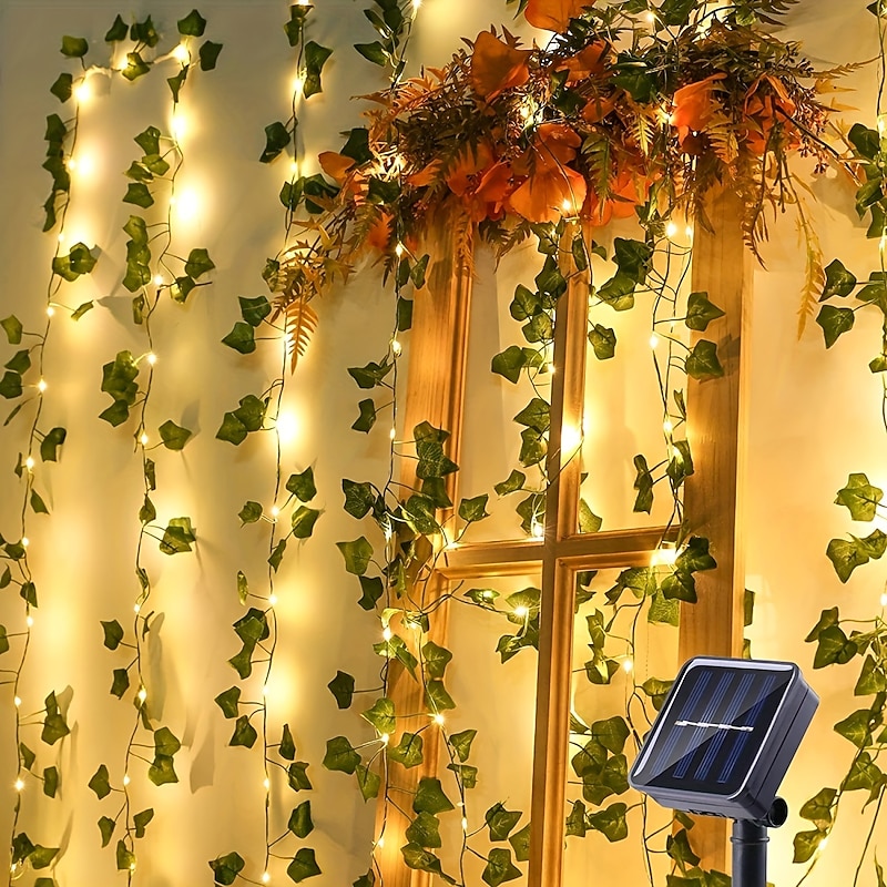 Elegant Wedding Party Reception 2M Solar LED Fairy String Lights – 8 Modes Warm White IP65 Waterproof Ivy Leaf Hanging Lights for Yard, Wall Decor