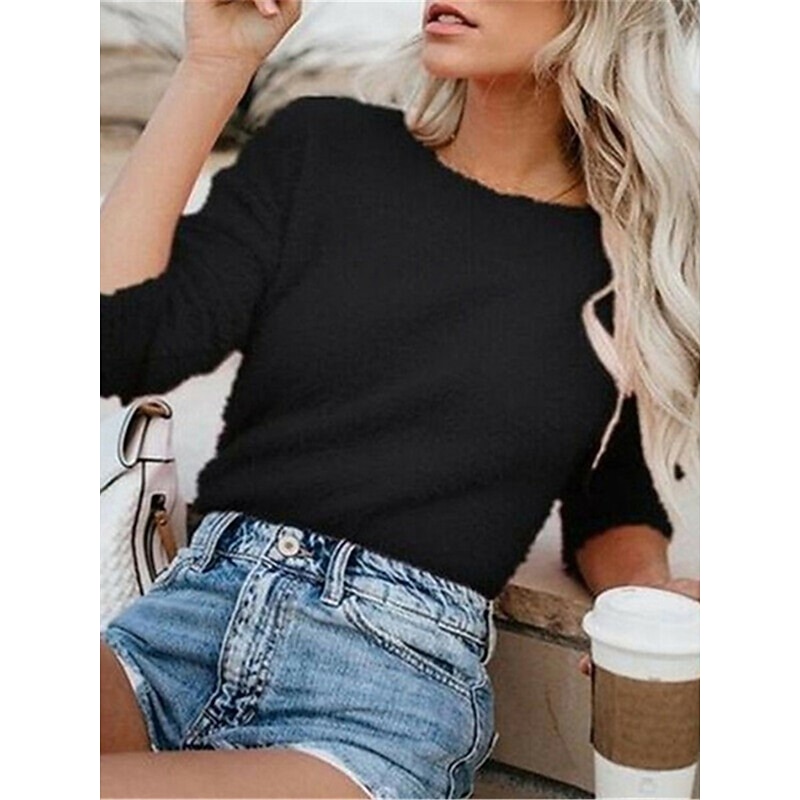 Women's Pullover Sweater Jumper Stylish Casual Soft Pure Color Fuzzy Crew Neck Oversized Long Sleeve Regular Tops Knit Going out Weekend Black White Fall Winter