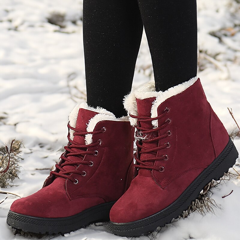 Women's Lace-Up Ankle Winter Boots with Faux Fur Lining and Non-Slip Sole, Warm Suede Snow Boots for Outdoor Cold Weather
