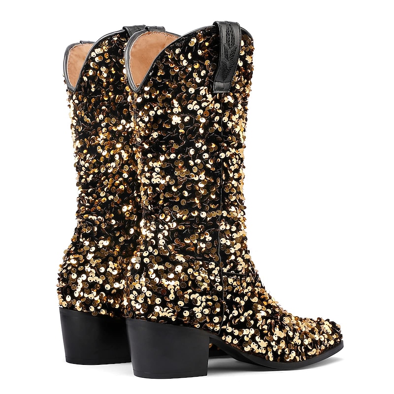 Women's Gold Sequin Western Cowboy Boots with Low Block Heel, Sparkly Party Dance Boots for Rodeos, Country Concerts and Nightclub Outfits4