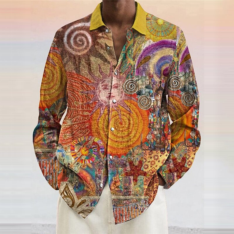 Men's Tribal Ethnic Bandana Print Shirt Button Up Shirt Long Sleeve Vintage Tribal Outdoor Street Casual Daily Fall & Winter Turndown Buttons Print Yellow Purple Orange Brown4