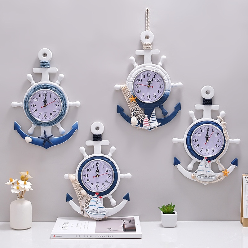 Mediterranean Style Blue and White Rudder Helmsman Anchor Personalized Wall Clock Clock Electronic Watch Decoration Navigation Clock Office Home Ocean Theme Wall Hanging