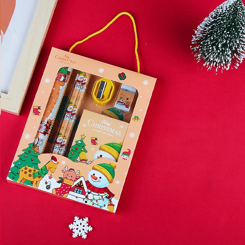 6pcs/set Christmas Portable Stationery Gift Box Set Contain 2 Pencils 1 Pencil Sharpener 1 Eraser 1 Ruler 1 Sticky Note Paper For Primary School Student Children Learning Gift Award4