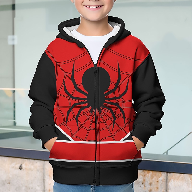 Boys 3D Spider Hoodie Coat Outerwear Long Sleeve 3D Print Fall Winter Fashion Streetwear Cool Kids 3-12 Years Outdoor Casual Daily Regular Fit3