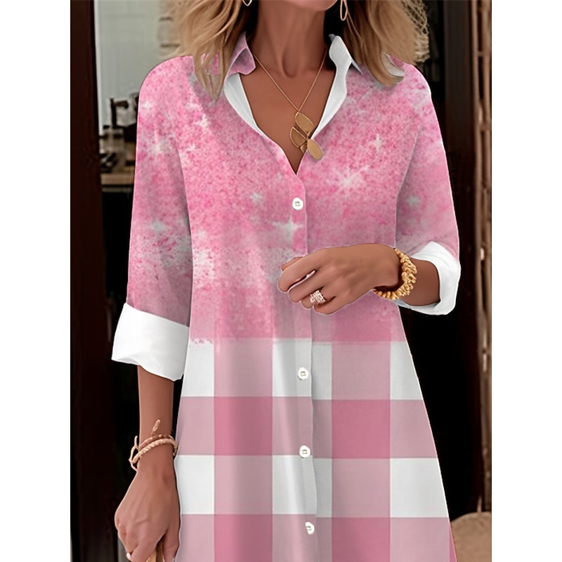Women's Midi Dress Shirt Dress Casual Dress Midi Dress Outdoor Office Daily Fashion Modern Shirt Collar Button Pocket Long Sleeve Fall Winter Loose Fit Ombre Plaid3