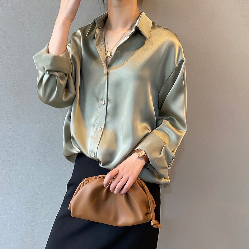 Women's Satin Elegant Dressy Shirt Blouse Women's Black White Green Solid / Plain Color Button Office Daily Fashion Shirt Collar Regular Fit S