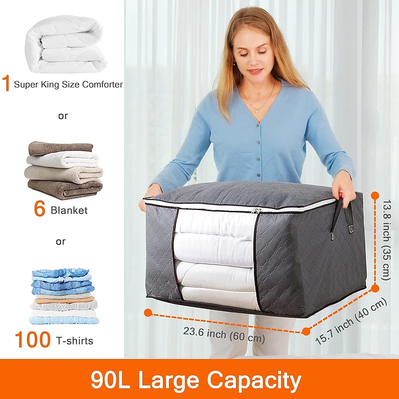 6pcs Clothes Comforter Storage Bags 90L Large Capacity Clothing Organizers with Reinforced Handles Thick Breathable Fabric Foldable Underbed Containers for Bedding Comforter Blank2