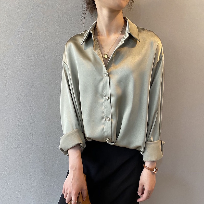 Women's Satin Elegant Dressy Shirt Blouse Women's Black White Green Solid / Plain Color Button Office Daily Fashion Shirt Collar Regular Fit S2