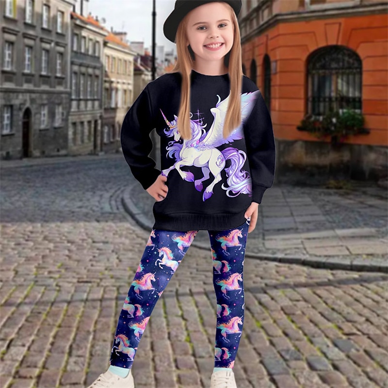 Girls' 3D Cartoon Unicorn Sweatshirt & Legging Set Set Long Sleeve 3D Print Fall Winter Active Fashion Daily Kids 3-12 Years Crew Neck Outdoor Vacation Date Regular Fit3