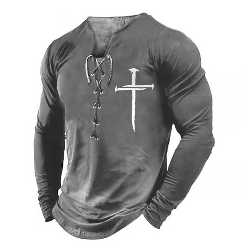 Men's Graphic Faith T Shirt Long Sleeve T shirt 3D Print Collar Shirt Fashion Daily Outdoor Casual Holiday Going out Black Burgundy Green Spring &  Fall Clothing Apparel S M L XL 2XL 3XL