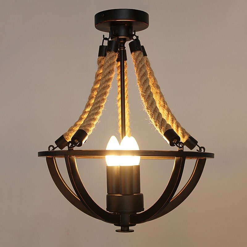 Ceiling Pendant Light Chandelier Modern Rustic Hemp Rope Iron Basket Semi Flush Mount Ceiling Light Metal Kitchen Bar Restaurant Decoration Pendant Light Chandelier 4Light E14 Candle Lights 110-240V2