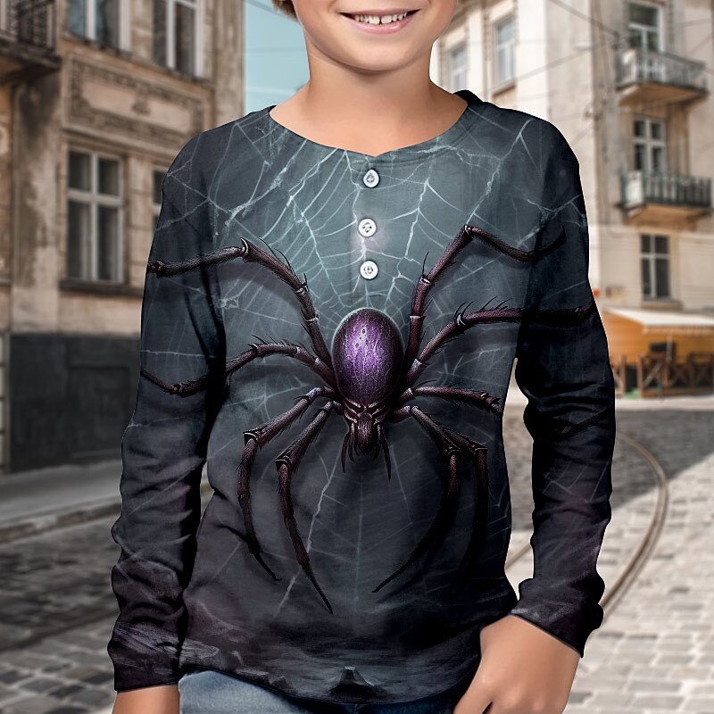 Halloween Boys 3D Spider Henley Shirt Long Sleeve 3D Print Fall Winter Sports Fashion Streetwear Kids 3-12 Years Crew Neck Outdoor Casual Daily Regular Fit3