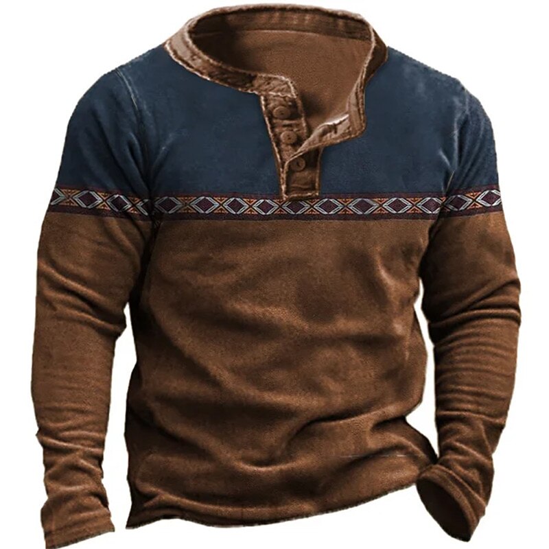 Men's Button T Shirt T Shirt Henley Shirt Tee Top Long Sleeve Henley Spring &  Fall Color Block Vintage Basic Ethnic Patchwork Vacation Street Going out Black Brown Green Top Tee for Men