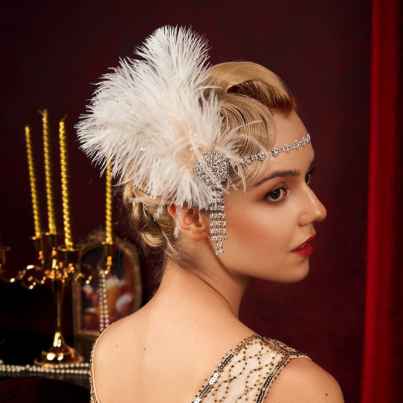 feather Art Deco 1920's Flapper Great Gatsby Inspired Leaf Medallion Pearl Headpiece Headband4