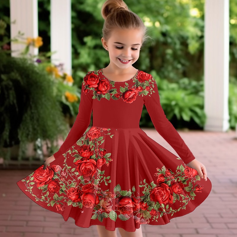 Easter Girls' 3D Floral Graphic Butterfly Dress Long Sleeve 3D Print Summer Fall Vacation Sports & Outdoor Daily Cute Casual Beautiful Kids 3-12 Years Casual Dress A Line Dress Above Knee Regular Fit3