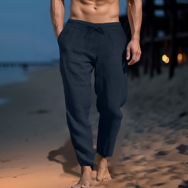 Men's Linen Pants Trousers Summer Pants Beach Pants Drawstring Pocket Elastic Waist Plain Comfort Soft Daily Weekend Streetwear Casual Black White Micro-elastic4
