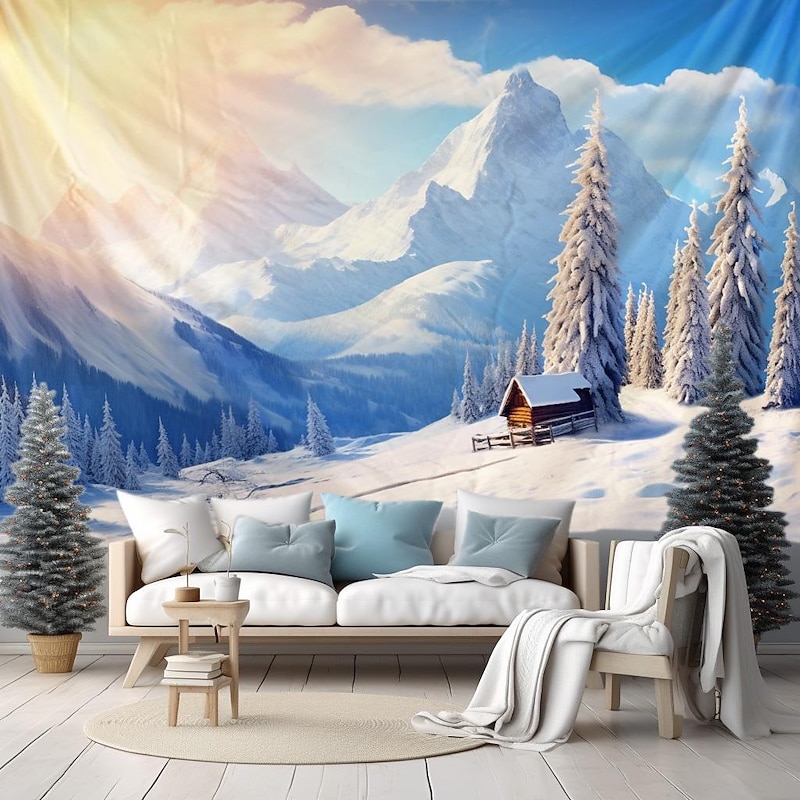 Hanging Tapestry Winter Wonderland Snow Forest Wall Art Large Tapestry Mural Decor Photograph Backdrop Blanket Curtain Home Bedroom Living Room Decoration