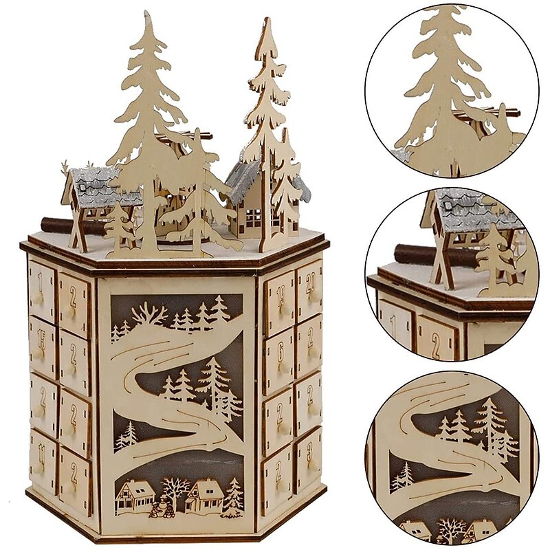 Christmas Advent Calendar, LED Revolving Music Box Advent Calendar Decorated with Christmas Tree Reindeer House LED Lights, Lighted Wooden Carved 24 Day Countdown to Christmas Calendar, 24 Storage Dra2