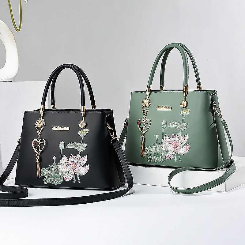 Women's Handbag Crossbody Bag Shoulder Bag Boston Bag PU Leather Outdoor Daily Holiday Pendant Zipper Large Capacity Waterproof Durable Solid Color Embroidery Flower Black White Red3