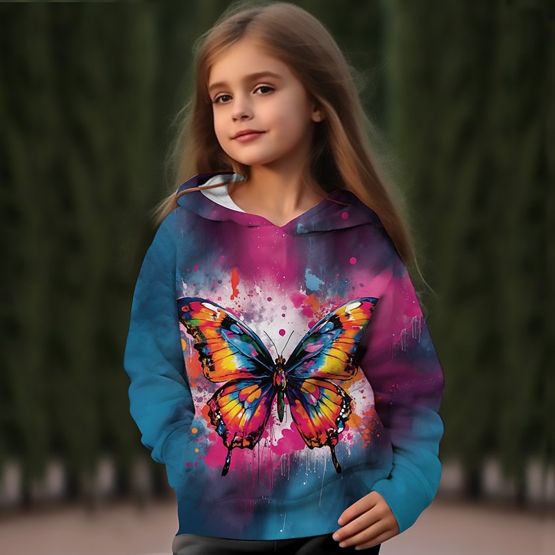 Girls' 3D Butterfly Hoodie Pullover Long Sleeve 3D Print Fall Winter Active Fashion Cute Kids 3-12 Years Outdoor Casual Daily Regular Fit