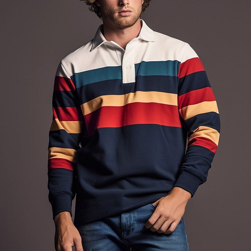 Men's Striped Rugby Polo Shirts Long Sleeve Polo Shirts Zip Casual Outdoor Casual Daily Streetwear 3D Print Fall & Winter Wine Red Navy Blue3