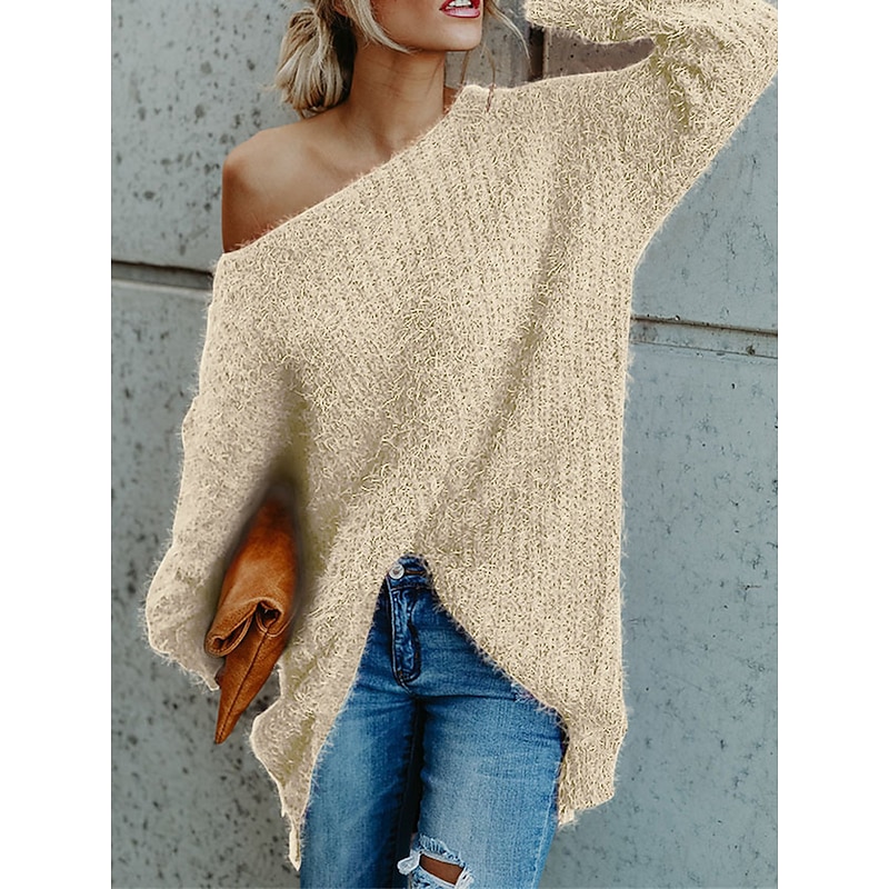 Women's Pullover Sweater Jumper Stylish Casual Soft Solid Color Ribbed One Shoulder Cold Shoulder Long Sleeve Short Knit Daily Going out Weekend Pink Navy Blue Fall Winter4