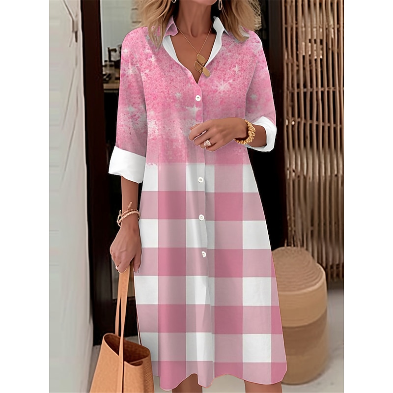 Women's Midi Dress Shirt Dress Casual Dress Midi Dress Outdoor Office Daily Fashion Modern Shirt Collar Button Pocket Long Sleeve Fall Winter Loose Fit Ombre Plaid