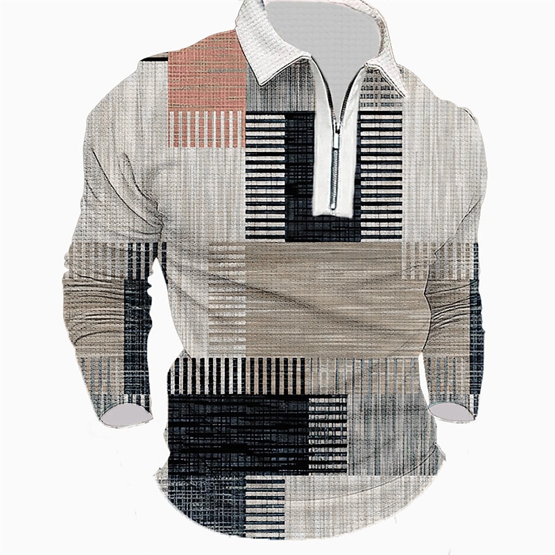 Men's Striped Graphic Prints Geometry Waffle Polo Shirts Polo Shirts Lapel Polo Zip Polo Golf Shirt Long Sleeve Shirt Turndown Outdoor Street Blue Green Khaki Gray Zipper Print Clothing Apparel2