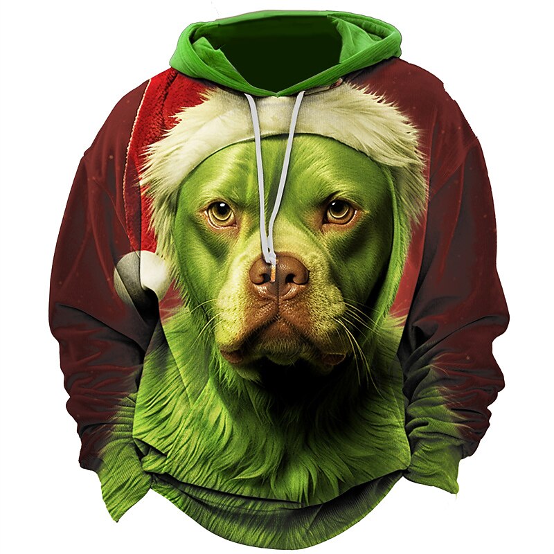 Christmas Men's Christmas animal 3D Hoodies Graphic Dog Prints Daily Classic Casual 3D Pullover Holiday Wearing Santa Hat Green Cotton2