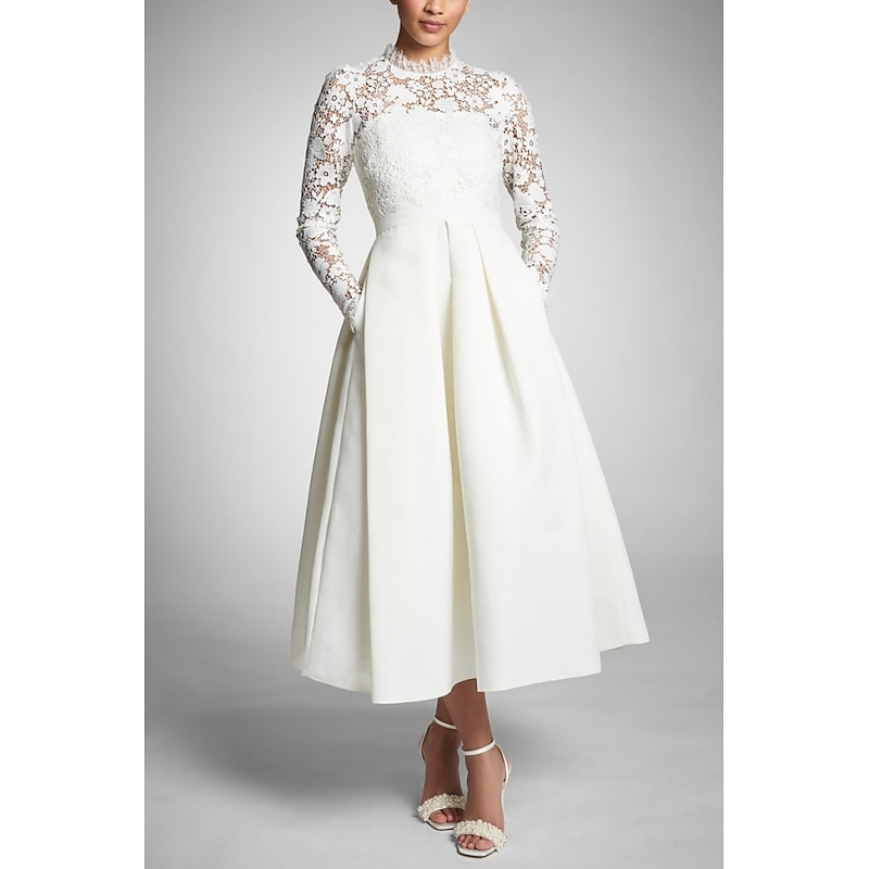 A-Line Mother of the Bride Cocktail Dresses Sexy Dress Wedding Guest Party Wear Tea Length Long Sleeve High Neck Stretch Fabric with Pleats Dresses